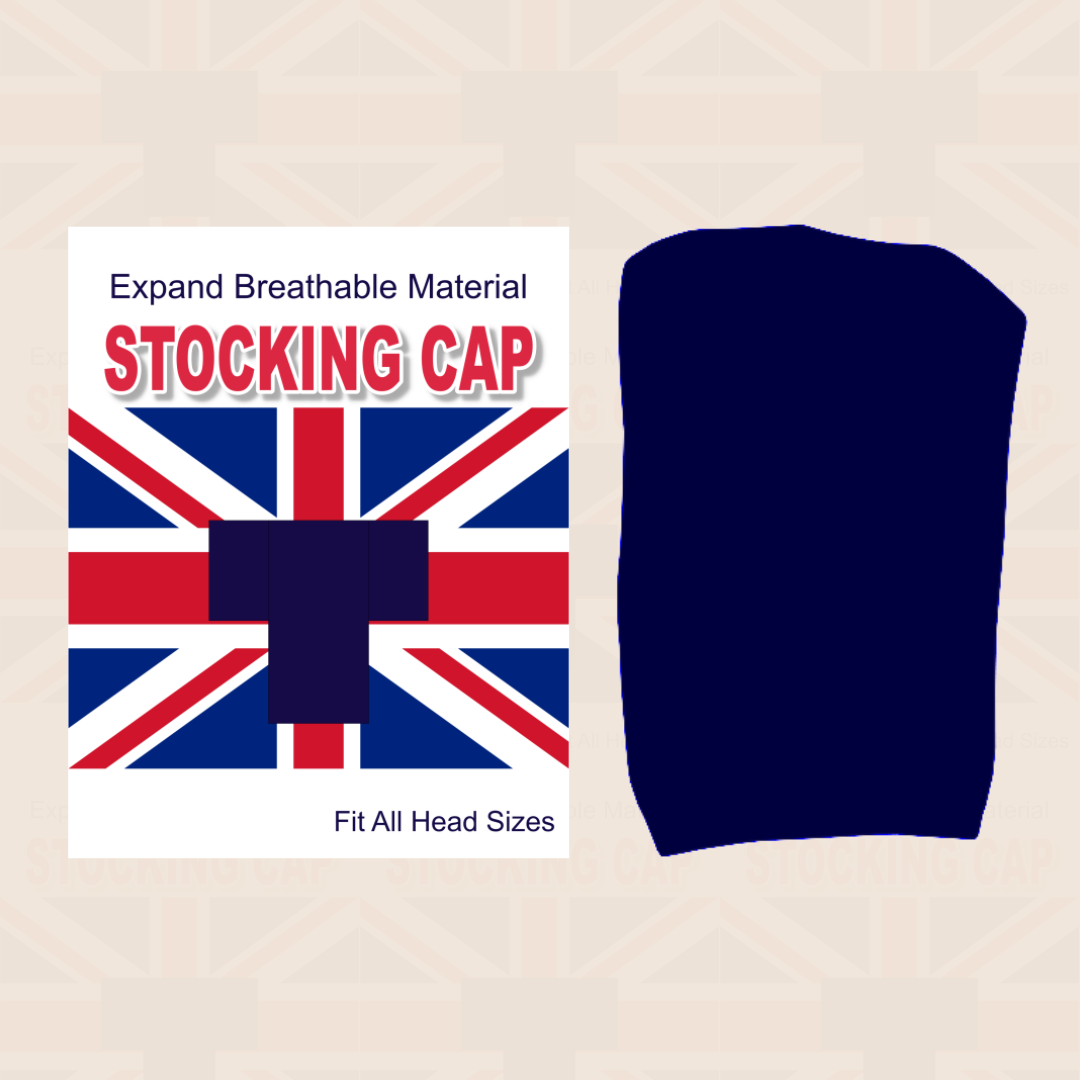 Blue stocking cap with Union Jack design on a beige background