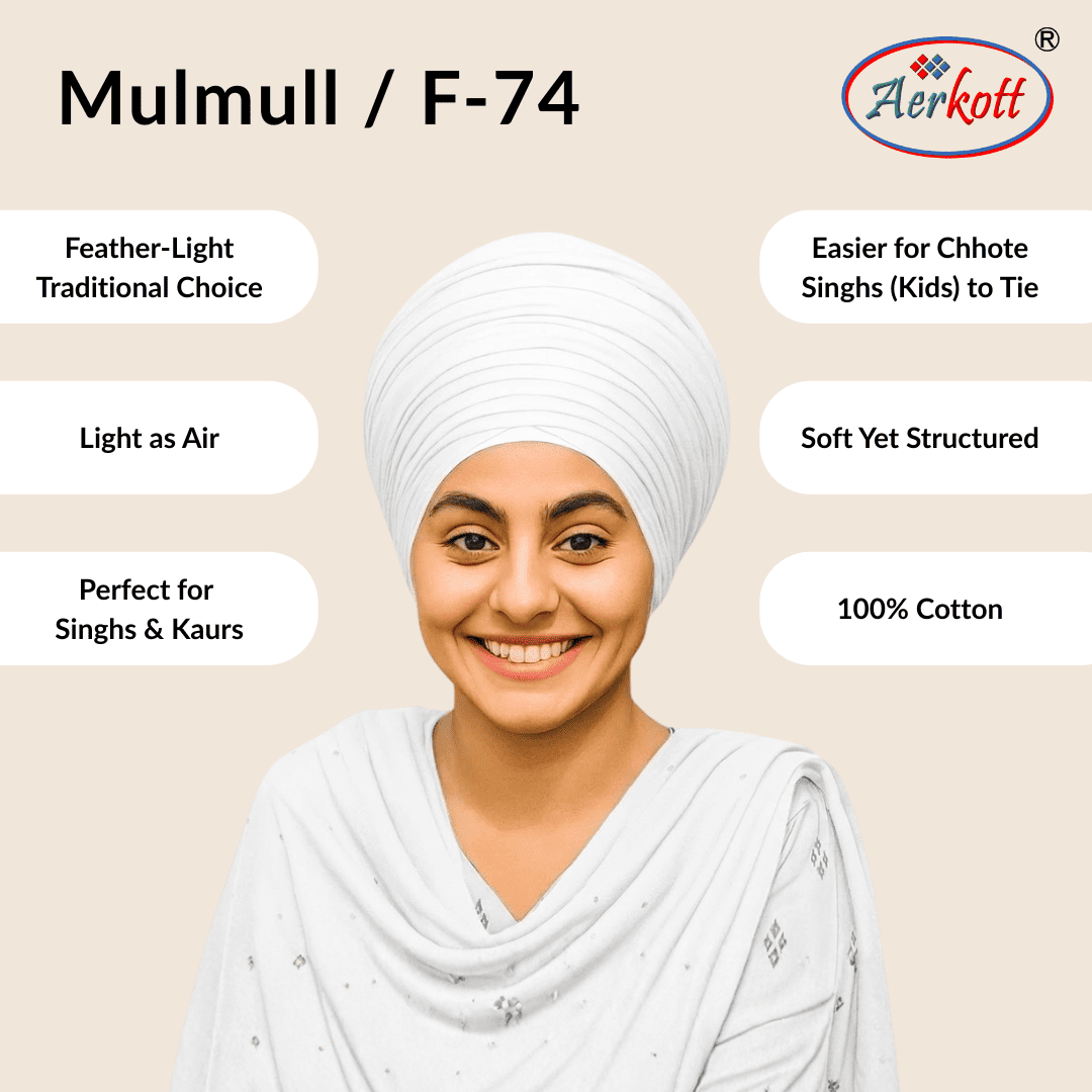 Person wearing a white mulmul malmal turban with Aerkott branding and product features listed.