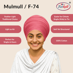 Woman wearing a pink mulmul malmal turban with Aerkott branding and product features listed.