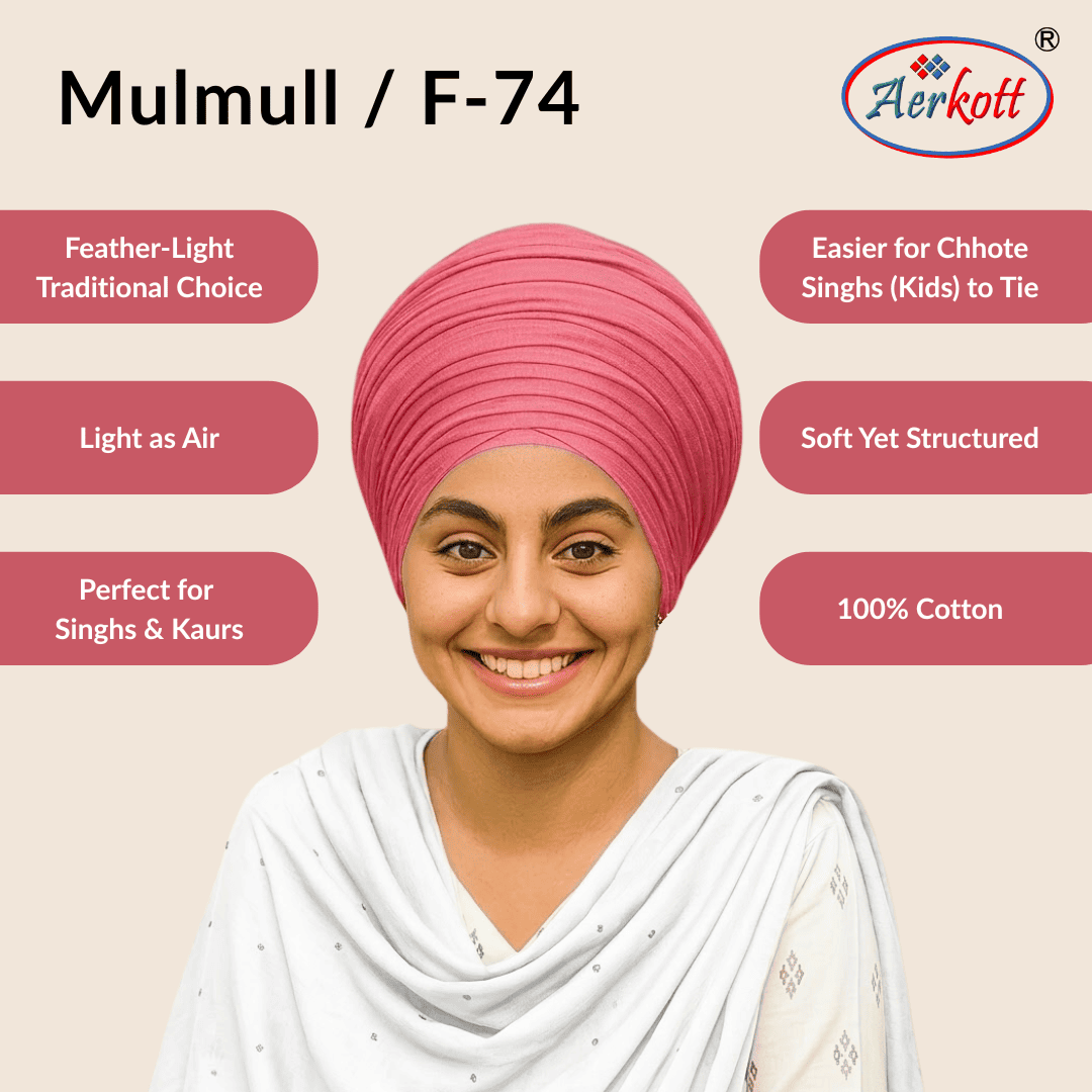 Woman wearing a pink mulmul malmal turban with Aerkott branding and product features listed.