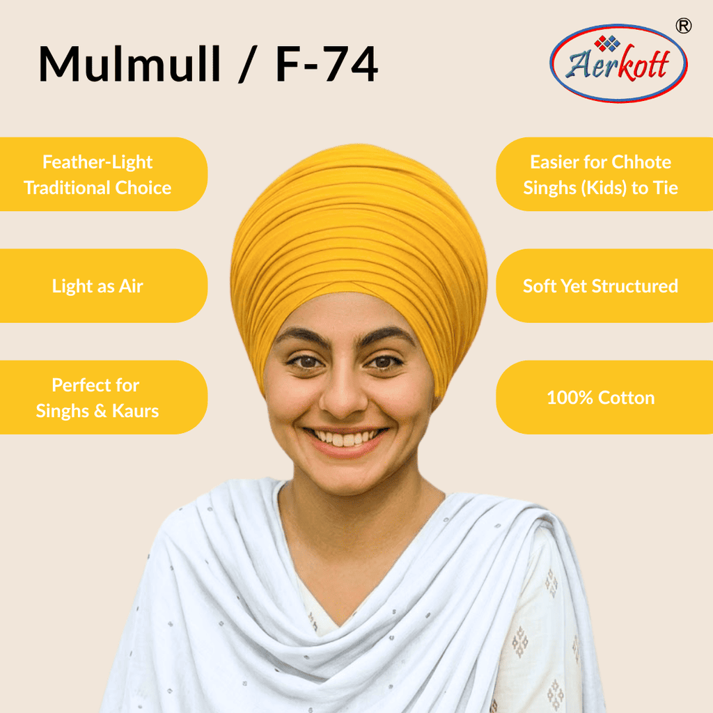 Person wearing a yellow mulmul malmal turban with Aerkott branding and product features listed.
