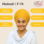 Person wearing a yellow mulmul malmal turban with Aerkott branding and product features listed.