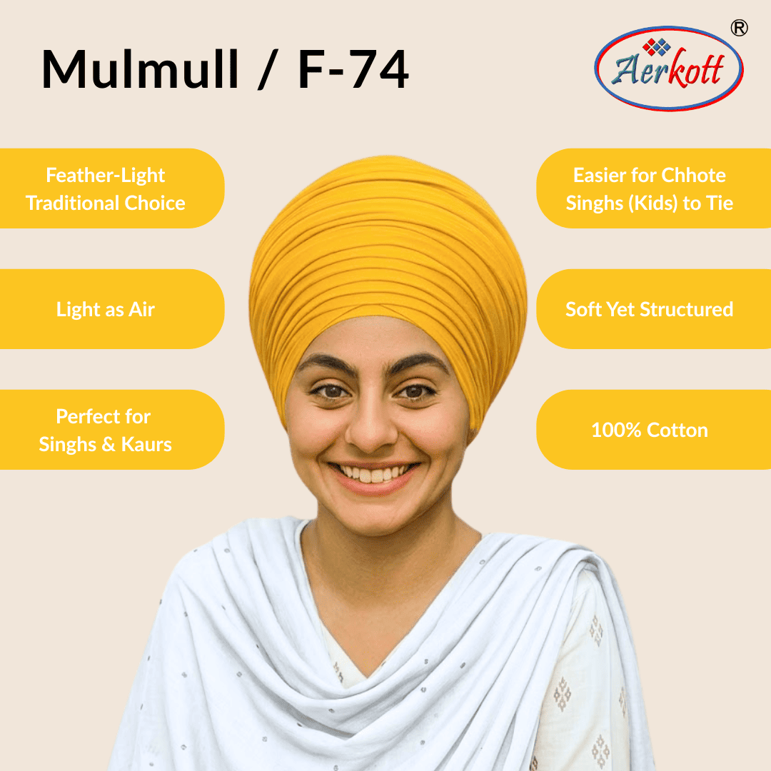 Person wearing a yellow mulmul malmal turban with Aerkott branding and product features listed.