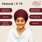 Woman wearing a maroon mulmul malmal turban with Aerkott branding and product features listed.