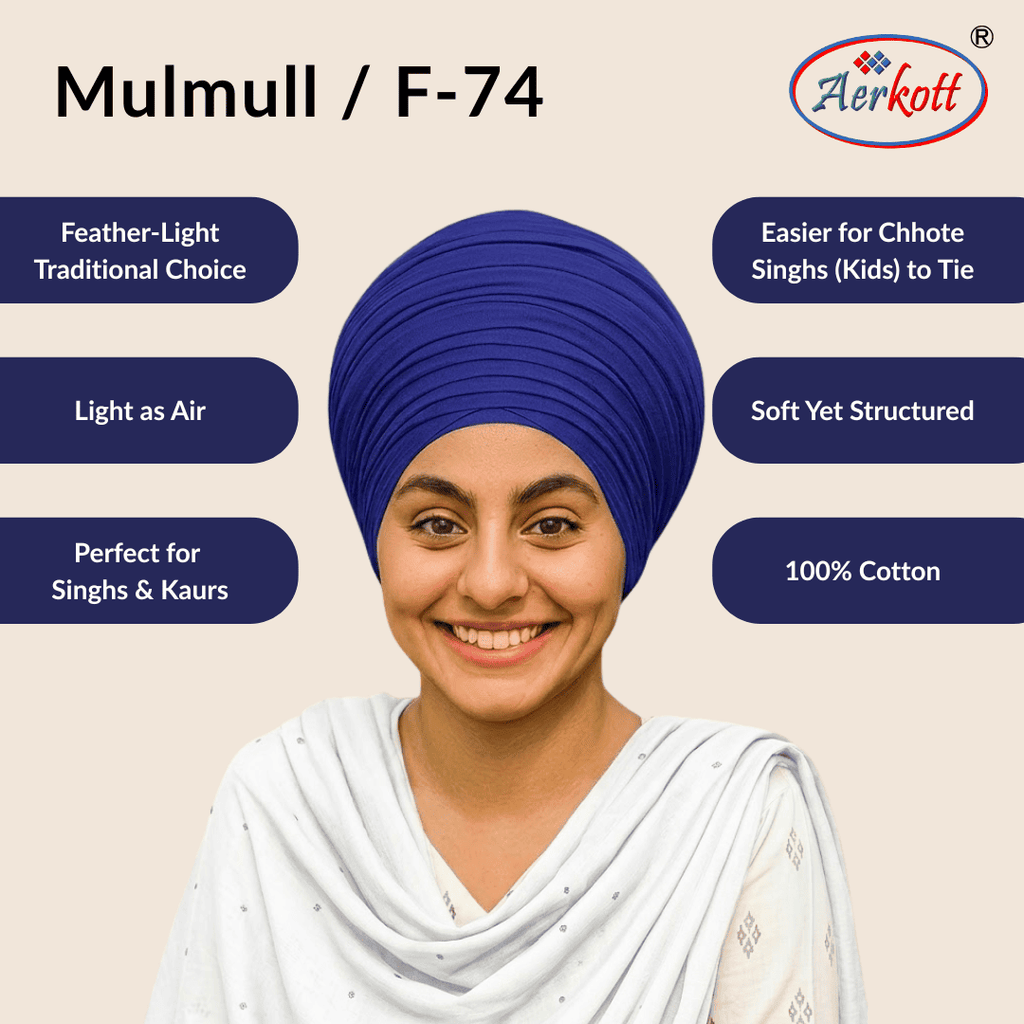 Woman wearing a blue mulmul malmal turban with Aerkott branding and product features listed.
