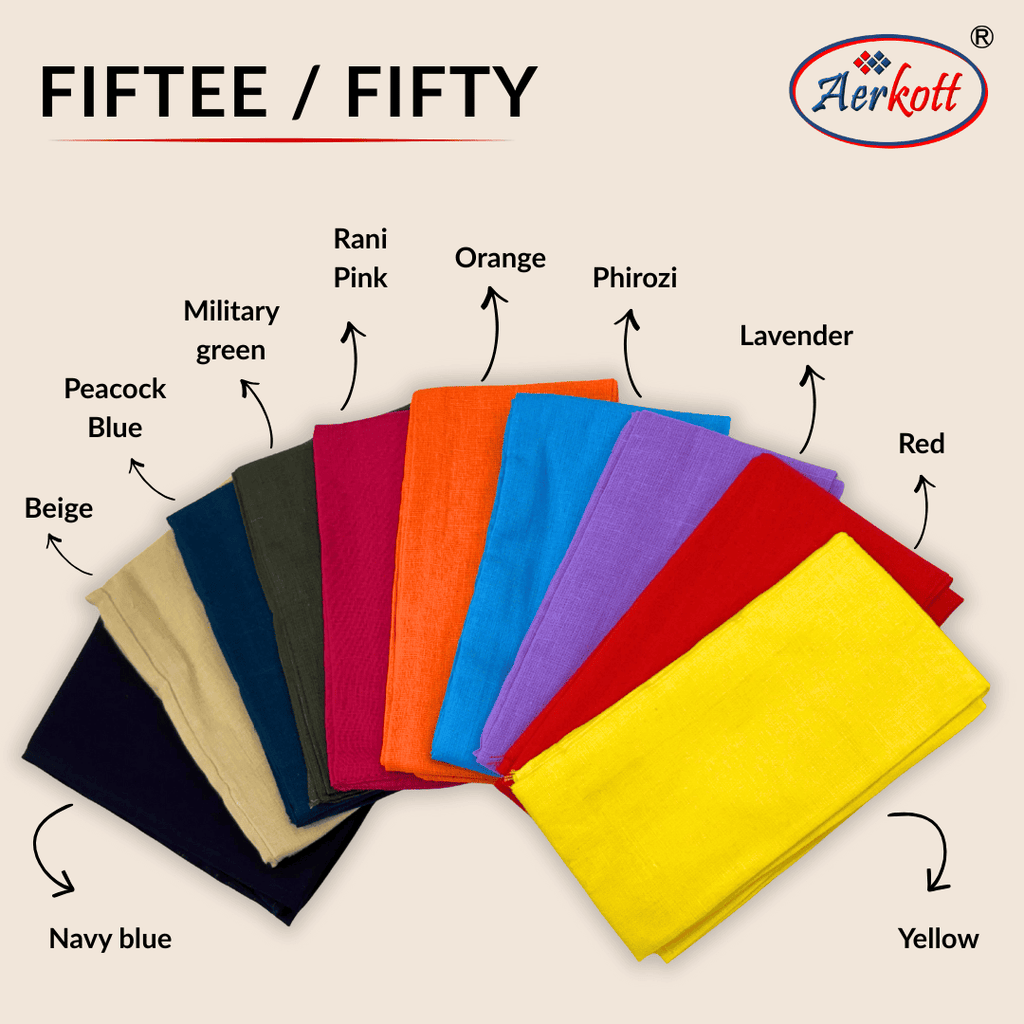 Collection of colorful fiftee with labels and Aerkott logo on a beige background