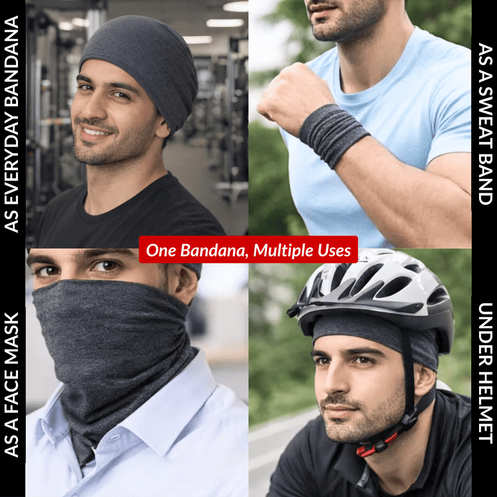 Collage of a man wearing a gray bandana in various settings.