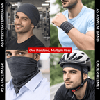 Collage of a man wearing a gray bandana in various settings.