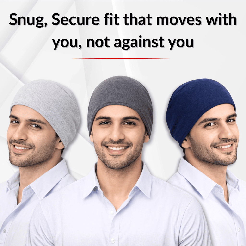 Three men wearing different colored bandanas with text about a snug, secure fit.