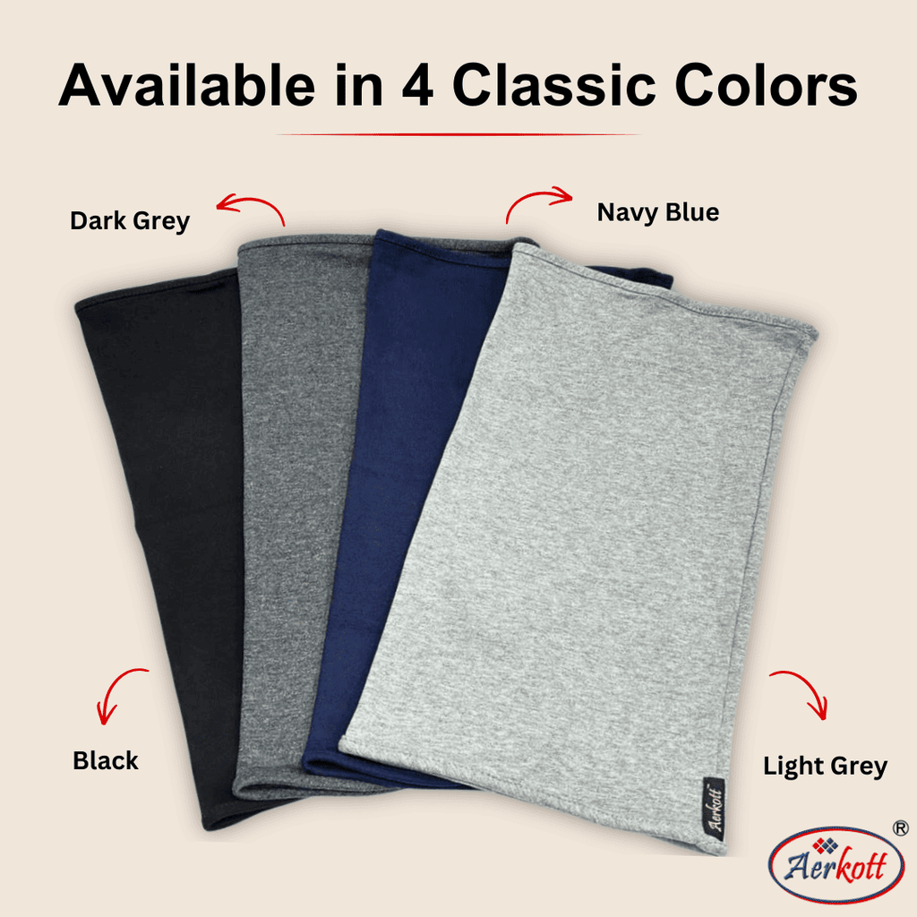 Four folded fabrics in dark grey, navy blue, black, and light grey with Aerkott branding.