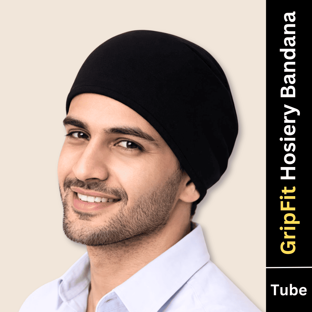 Man wearing a black bandana with 'GripFit Hosiery Bandana' text on a beige background