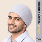 Man wearing a gray bandana with 'GripFit Hosiery Bandana' text on a beige background