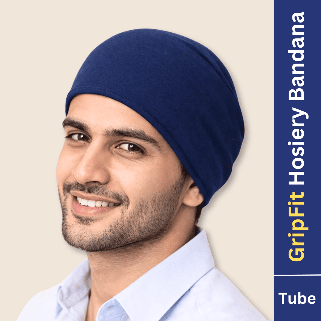 Man wearing a blue bandana with 'GripFit Hosiery Bandana' text on a beige background