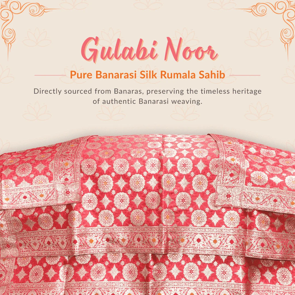 Gulabi Noor Pure Banarasi Silk Rumala Sahib Double Set with Cotton Lining. 2 Rumala Sahib + 2 Palki Sahib. Premium rumala sahib double set of rumala sahib and palke sahib for guru granth sahib ji. 