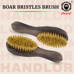 Two boar bristle brushes with wooden handles on a beige background featuring the brand 'ibeard'.