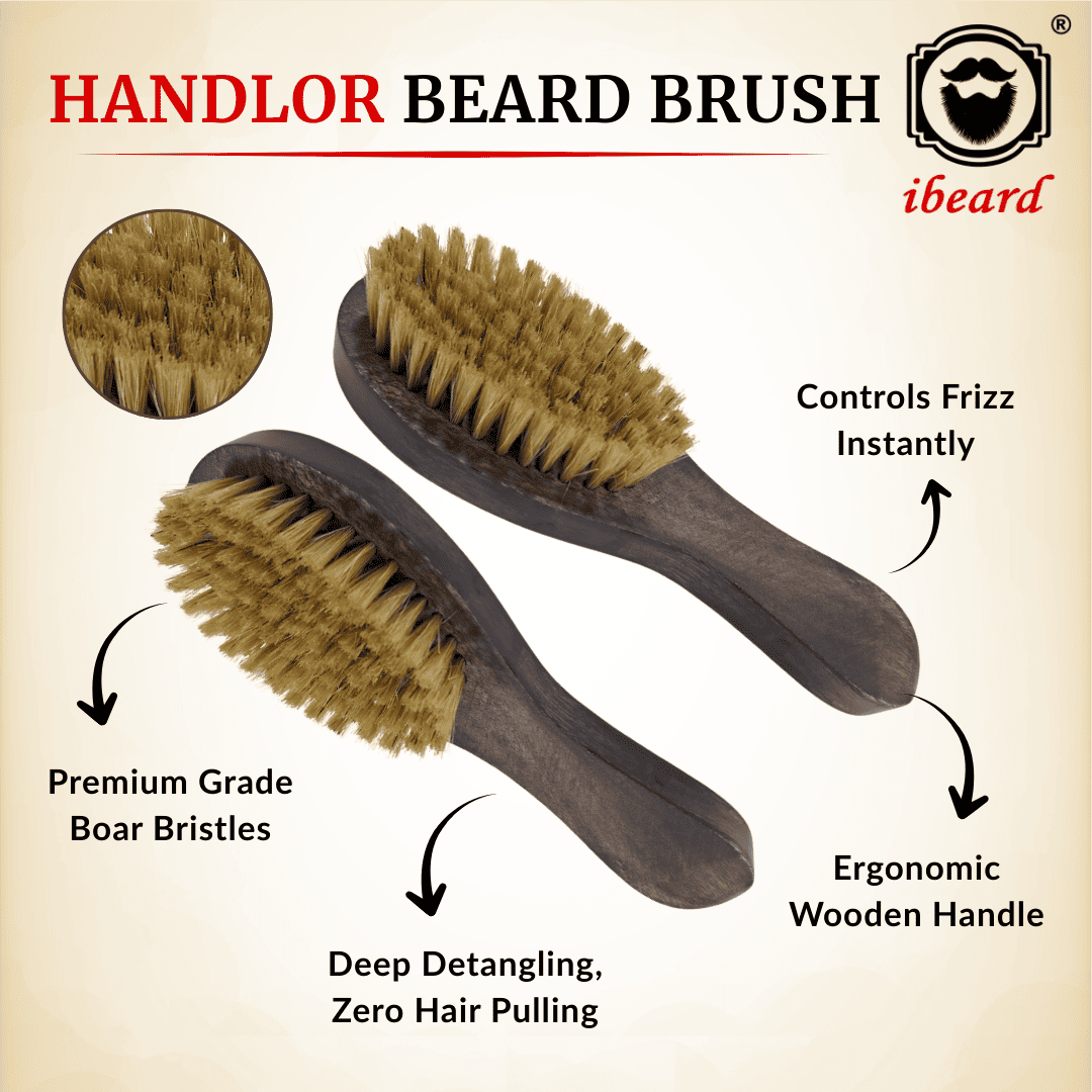 Handlor beard brush with premium grade boar bristles and ergonomic wooden handle on a beige background.