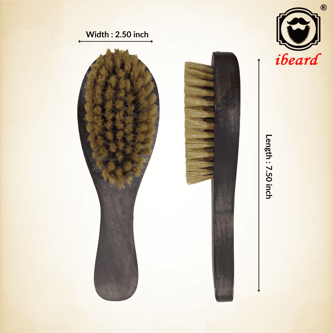 Beard brush with measurements and iBeard logo on a beige background