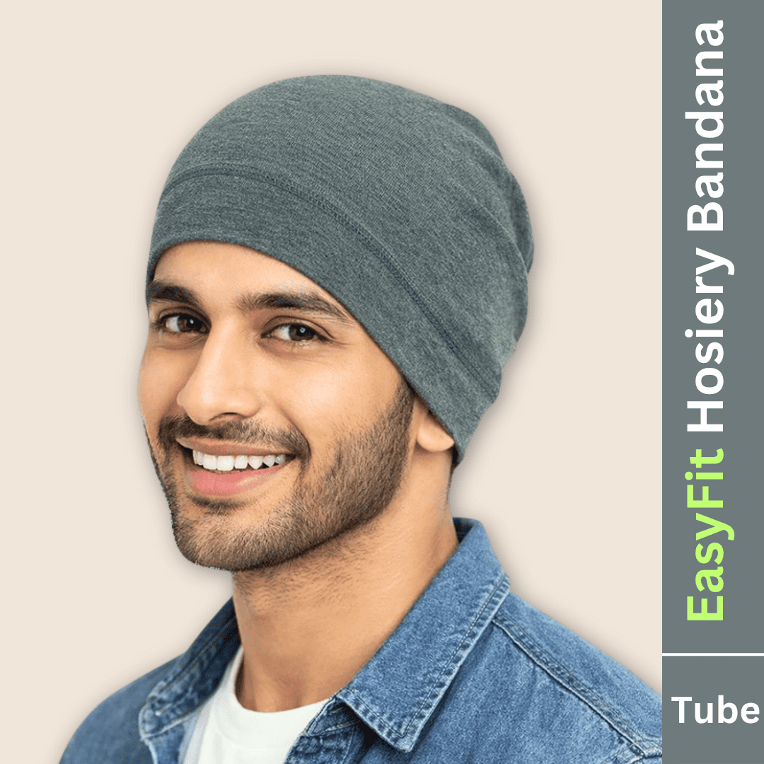 Man wearing a gray bandana with 'EasyFit Hosiery Bandana' text on a beige background