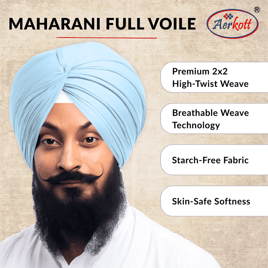 Man wearing a blue turban with Aerkott Maharani Full Voile product details on a beige background