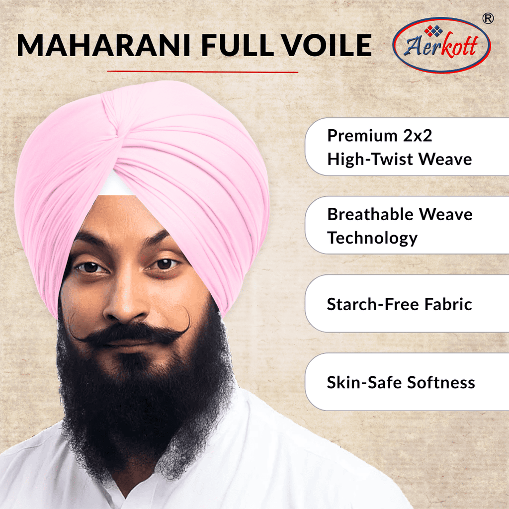 Man wearing a pink turban with Aerkott Maharani Full Voile product details on a beige background