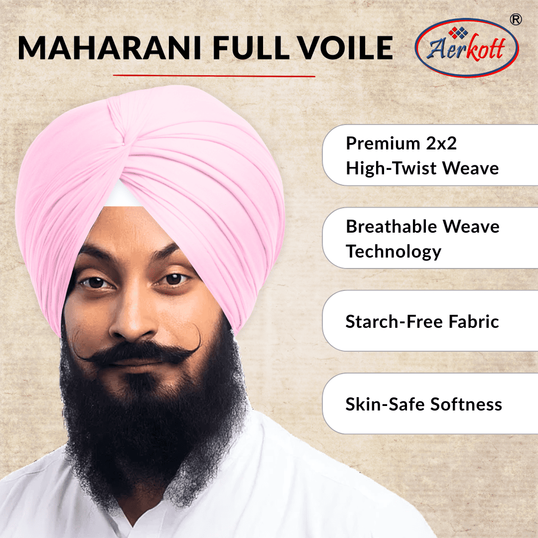 Man wearing a pink turban with Aerkott Maharani Full Voile product details on a beige background
