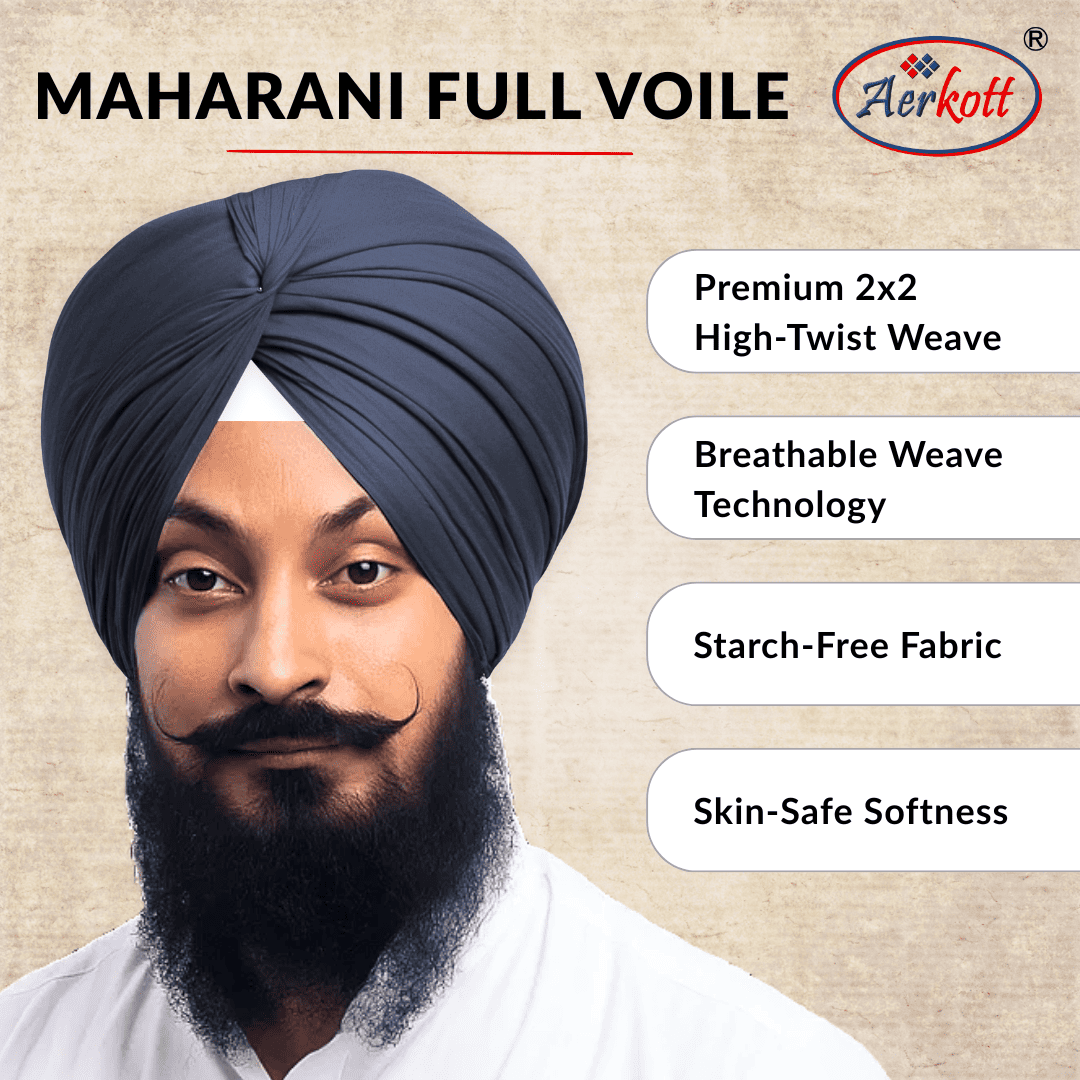 Advertisement for Maharani Full Voile fabric with a man wearing a turban and Aerkott branding.