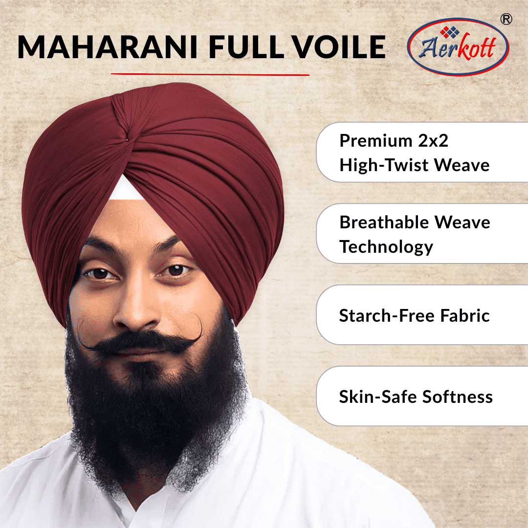 Man wearing a red turban with Aerkott Maharani Full Voile branding and product features.