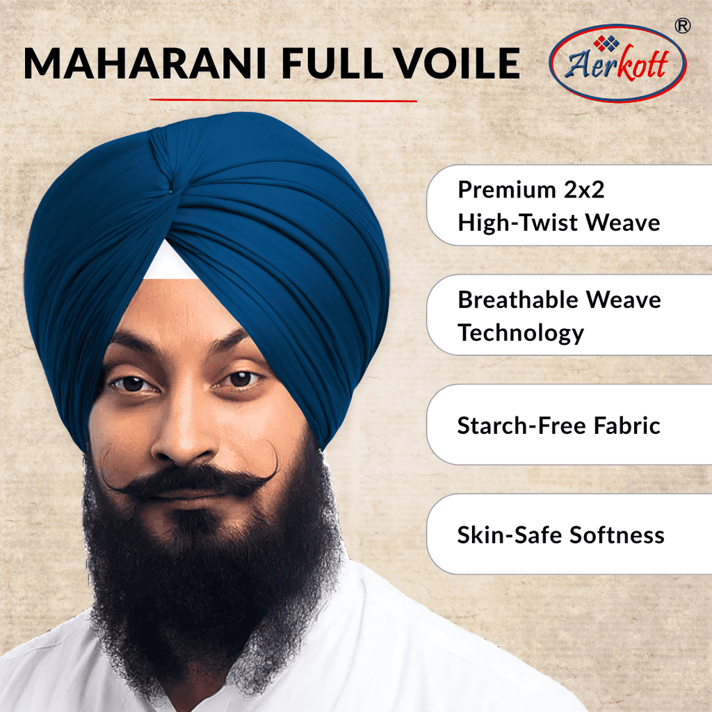 Man wearing a Peacock Blue turban with Aerkott Maharani Full Voile product details on a beige background