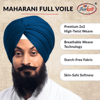 Man wearing a Peacock Blue turban with Aerkott Maharani Full Voile product details on a beige background