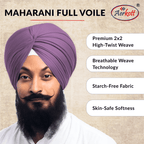 Man wearing a purple turban with Aerkott brand logo and product features on a beige background