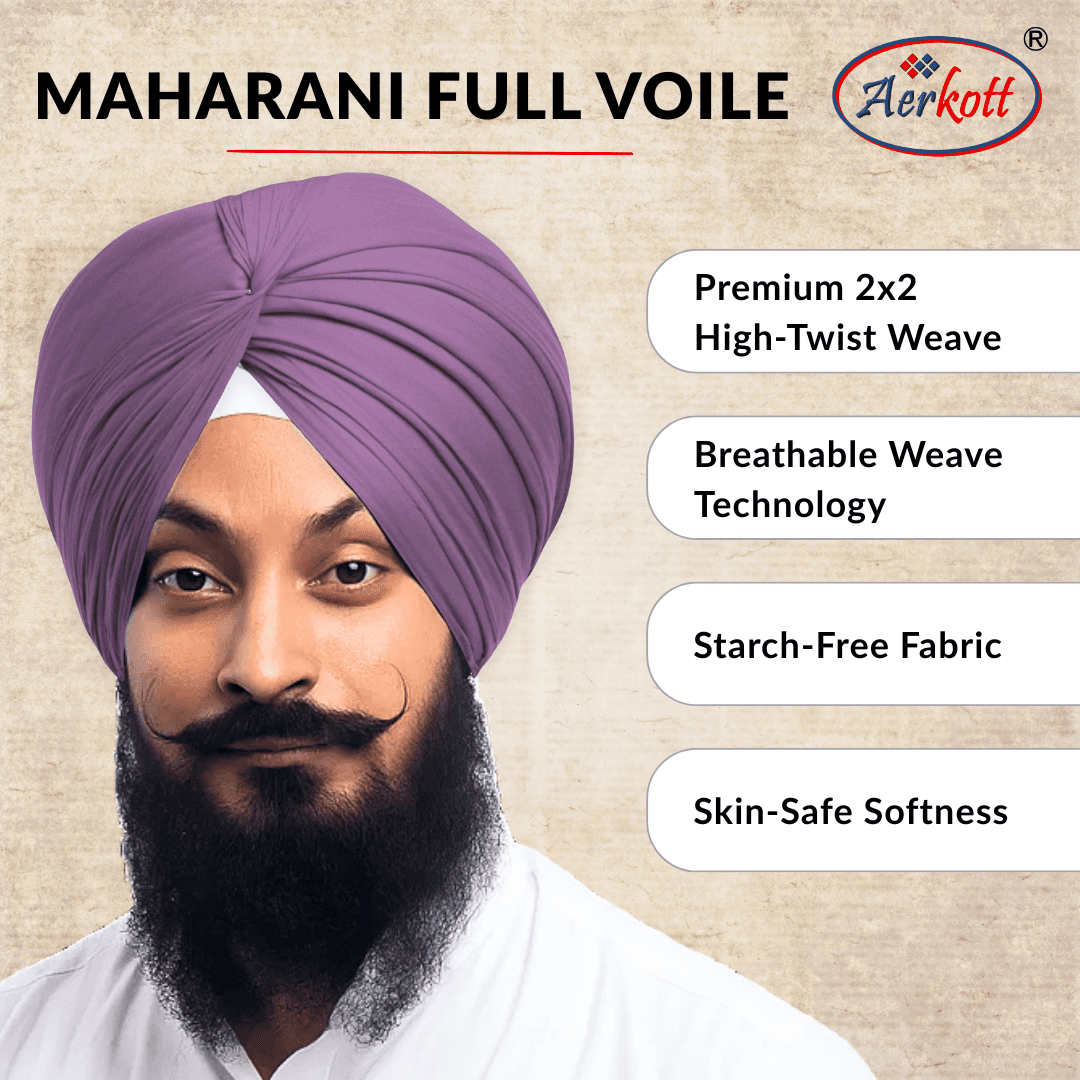 Man wearing a purple turban with Aerkott brand logo and product features on a beige background