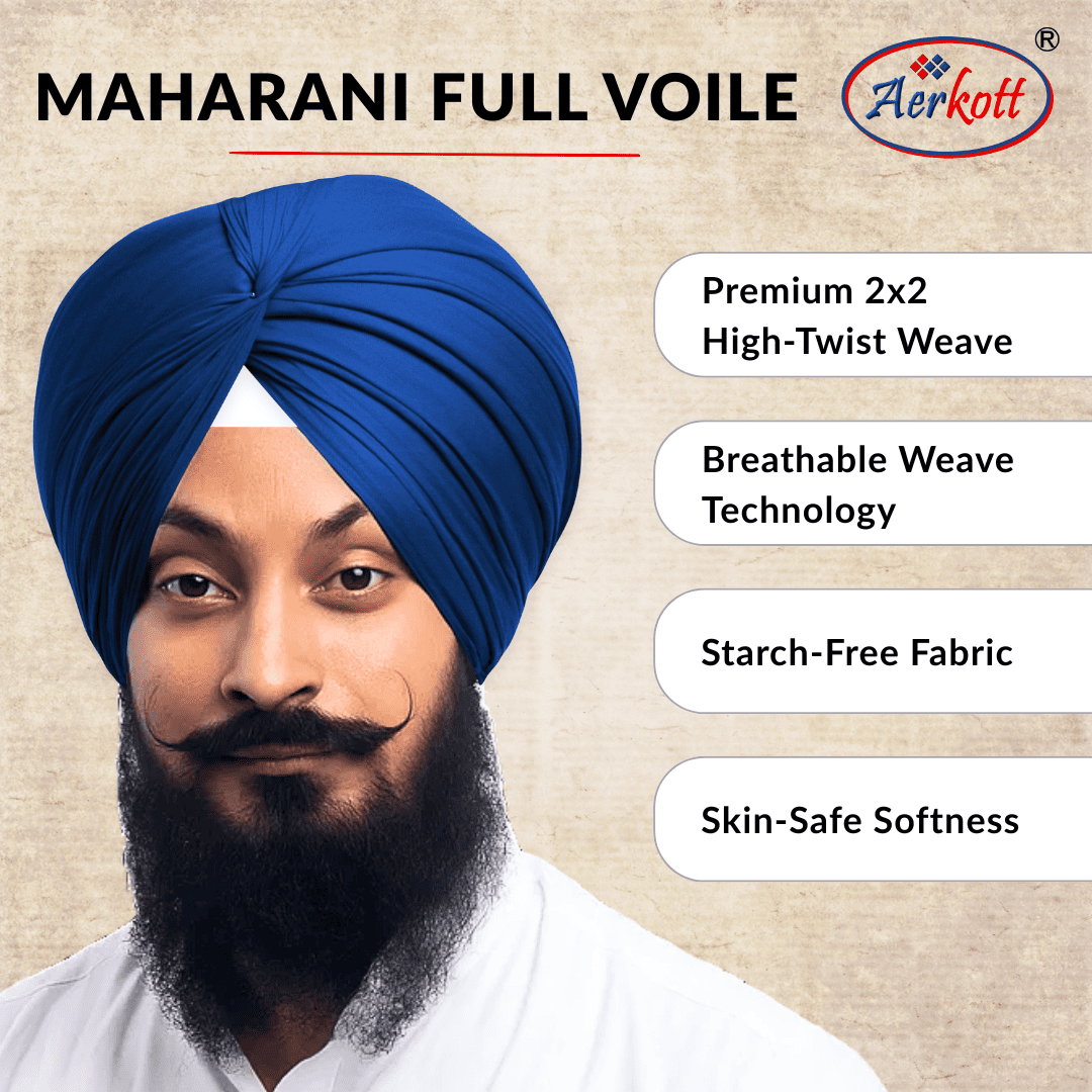 Advertisement for Maharani Full Voile fabric with a man wearing a blue turban and Aerkott branding.