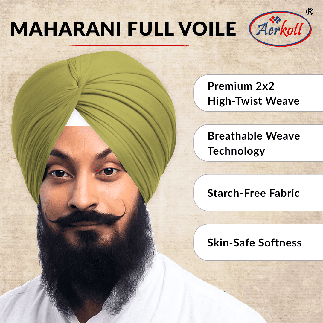 Advertisement for Maharani Full Voile fabric with a man wearing a green turban and Aerkott branding.