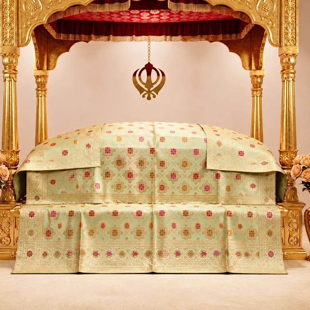 Noor Pista Pure Banarasi Silk Rumala Sahib Double Set in Pista Green and Gold with Cotton Lining