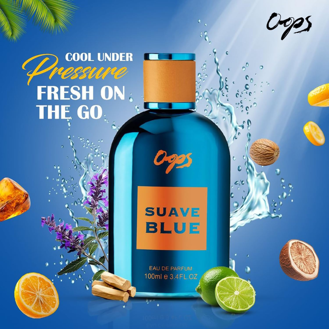 Oops Suave Blue perfume bottle with elements like oranges, limes, and flowers on a blue background