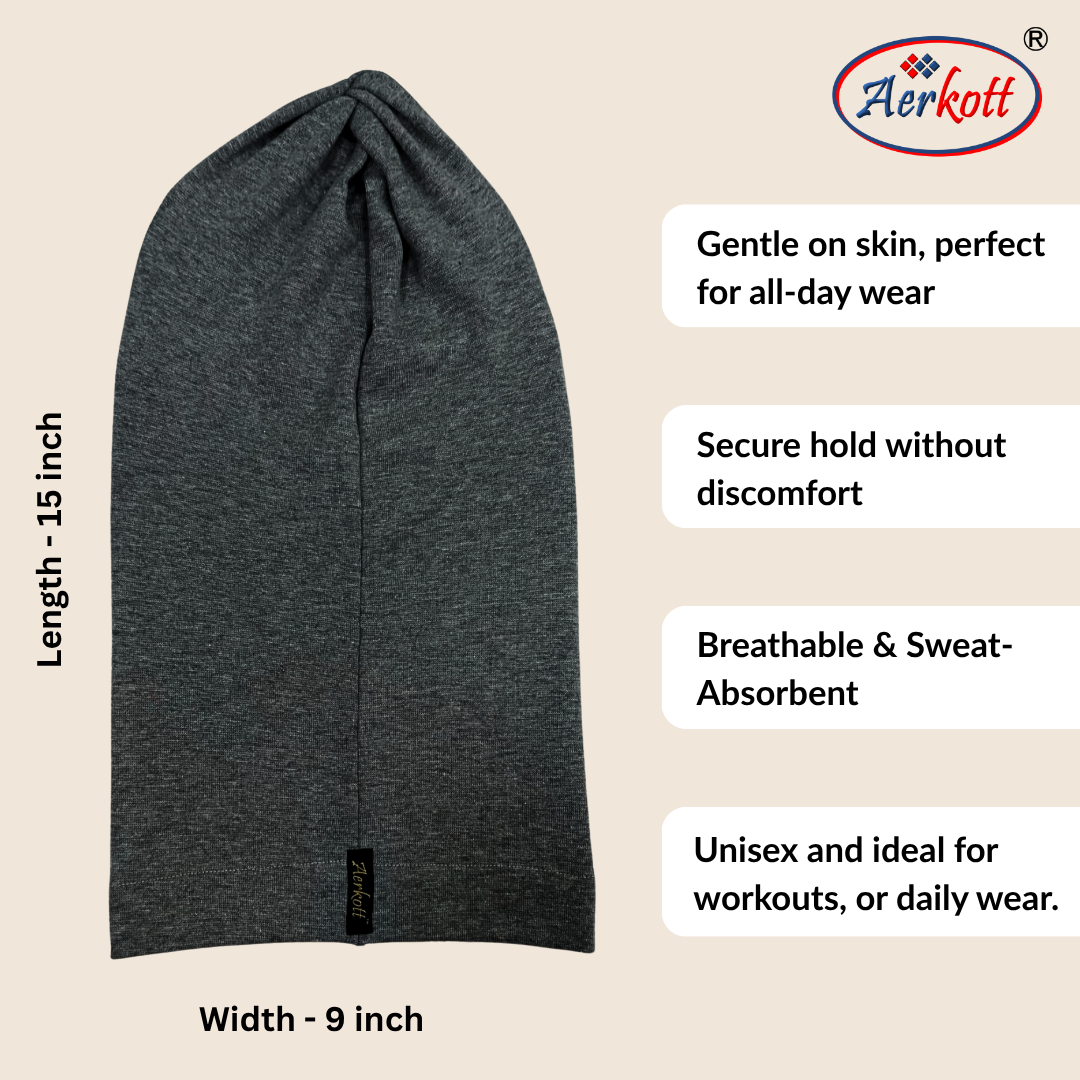 Gray headscarf with Aerkott branding and product features on a beige background