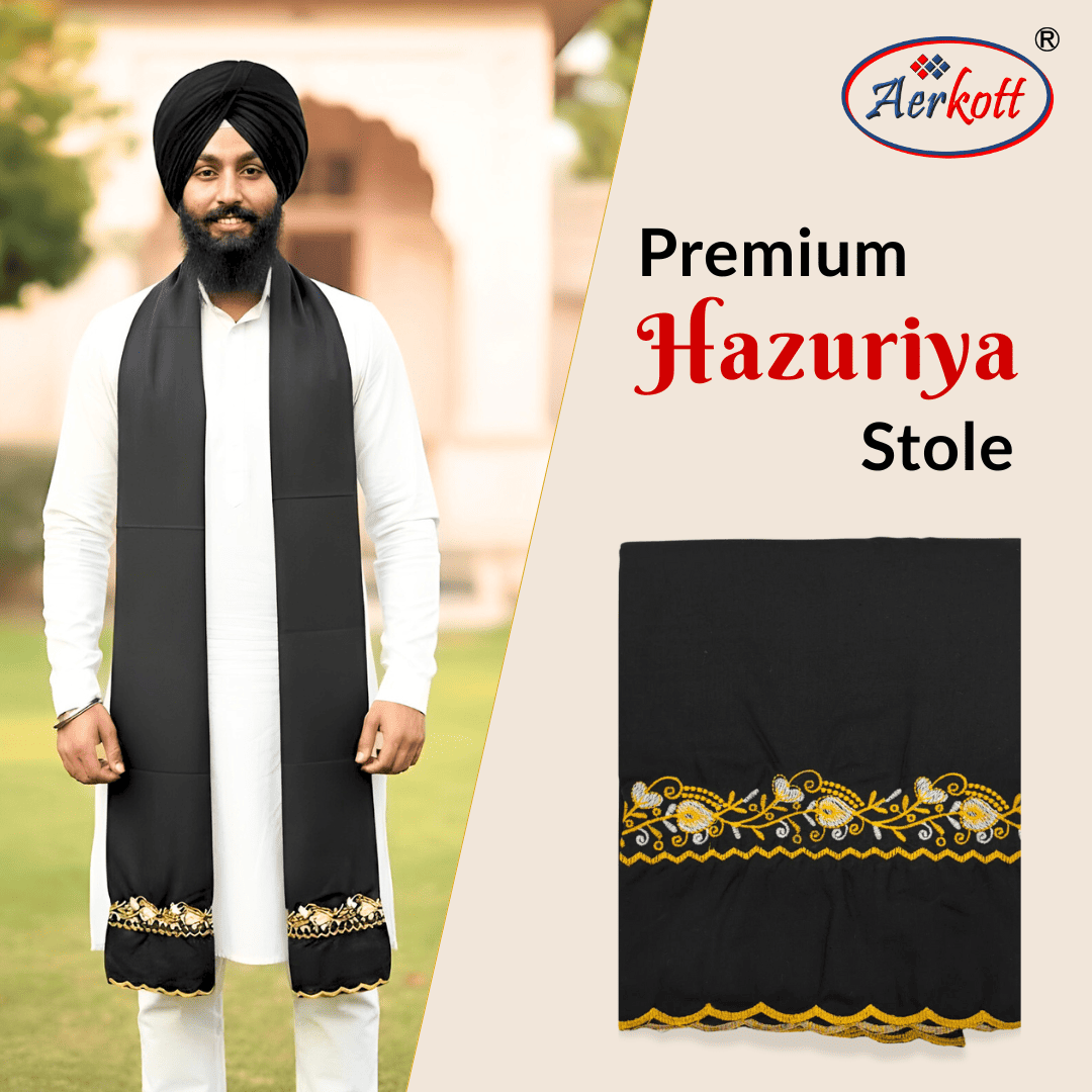 Man wearing a black Hazuriya stole with Aerkott branding