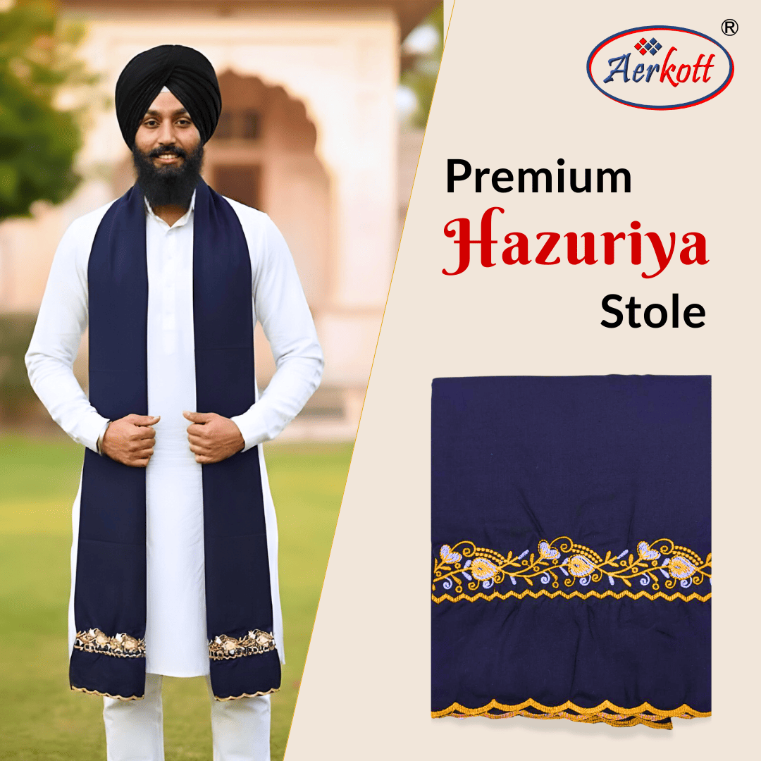 Man wearing a navy blue 'Premium Hazuriya Stole' with Aerkott branding.