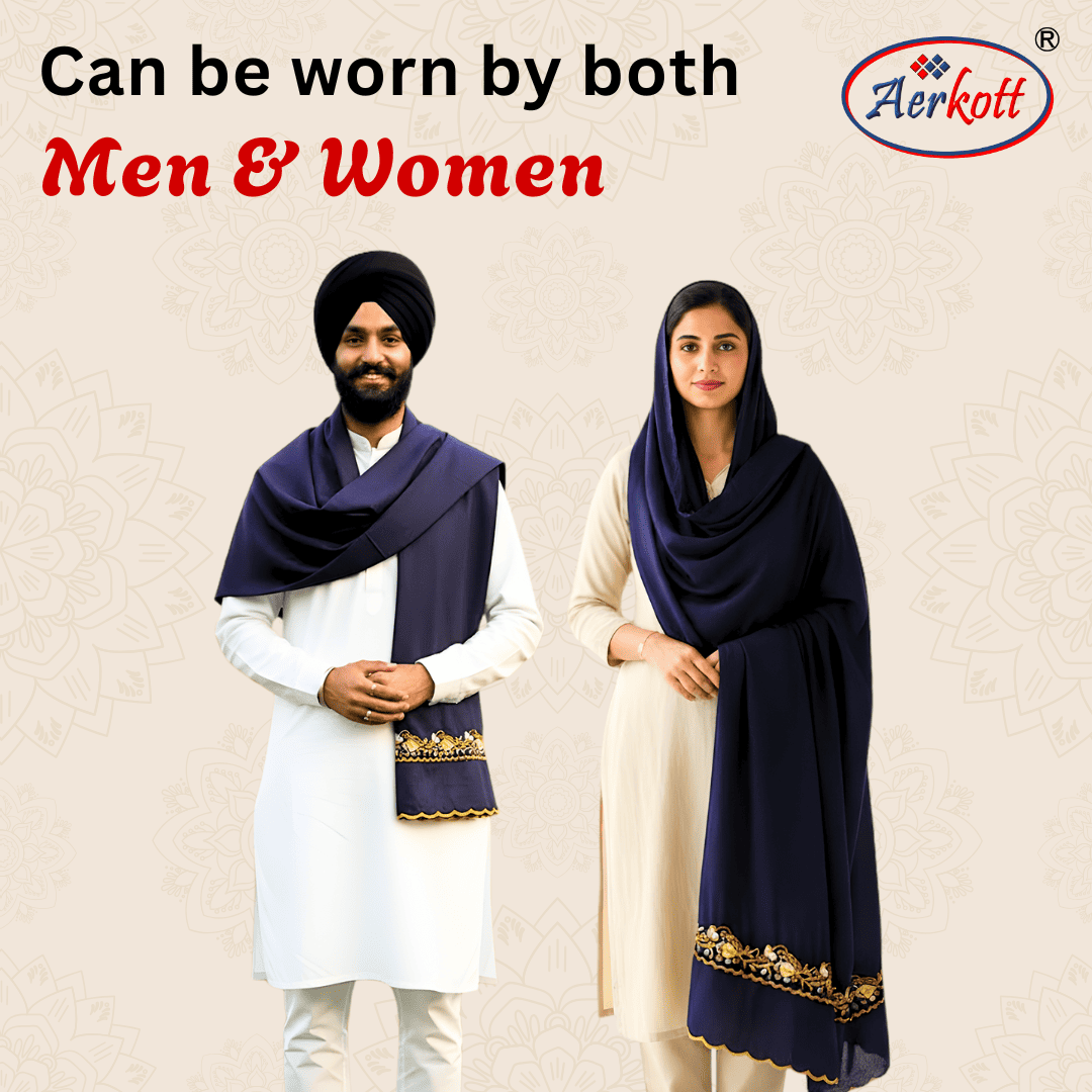 Two people wearing navy blue malpuria hazuriya scarves with gold embroidery, one man and one woman, against a beige background. Aerkott brand logo visible.