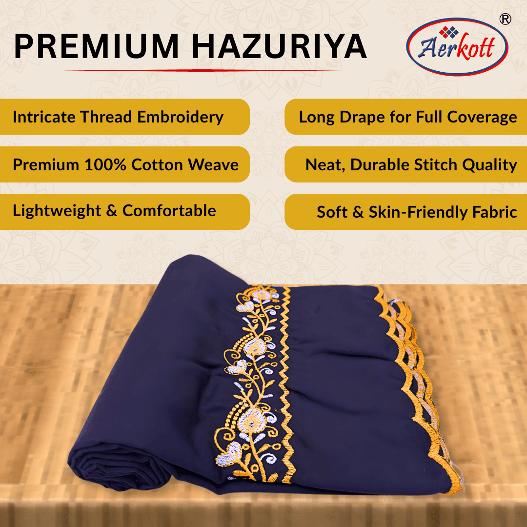 Premium Hazuriya fabric with embroidery on a wooden surface, featuring Aerkott brand.
