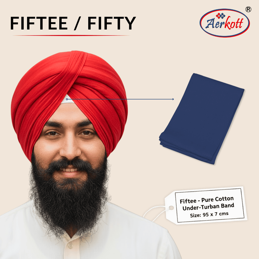 Man wearing a red turban with a blue under-turban band displayed, featuring Aerkott brand.
