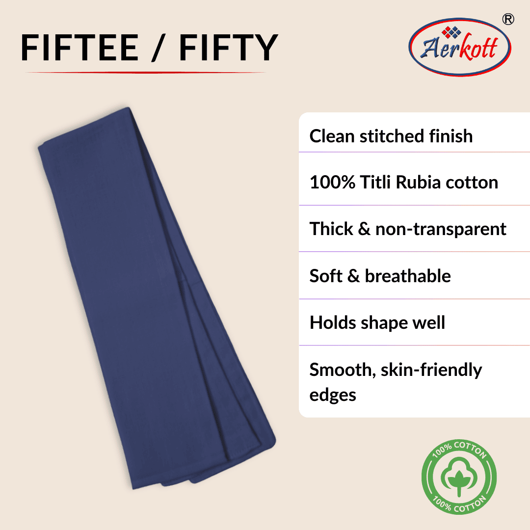 Navy blue fiftee with Aerkott branding and product features on a beige background