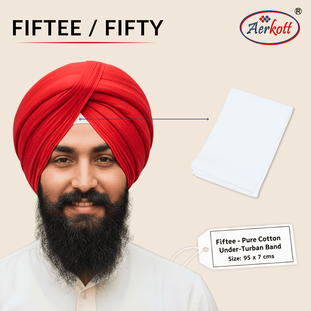 Man wearing a red turban with a visible Aerkott brand logo, showcasing a 'Fiftee' product.