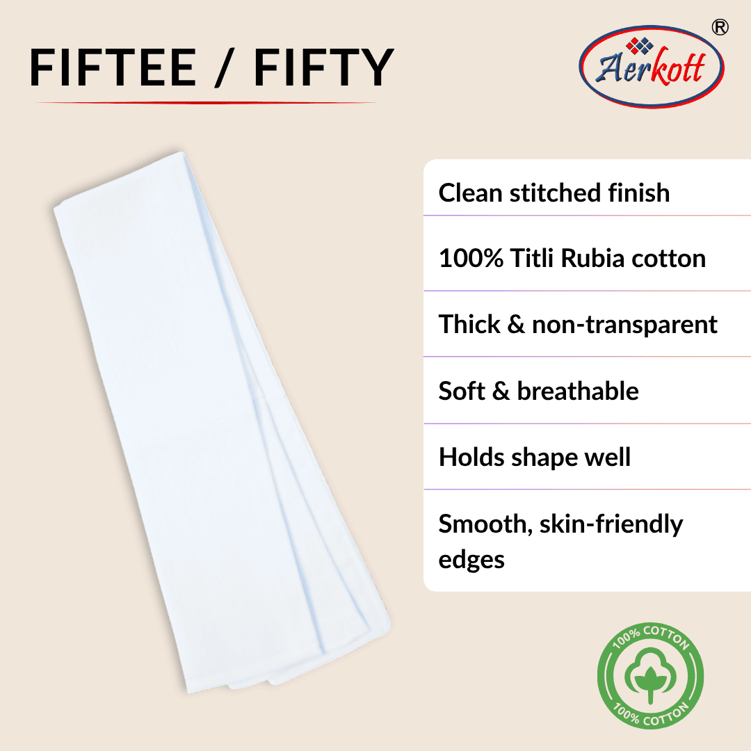 White fabric strip with Aerkott branding and product features on a beige background