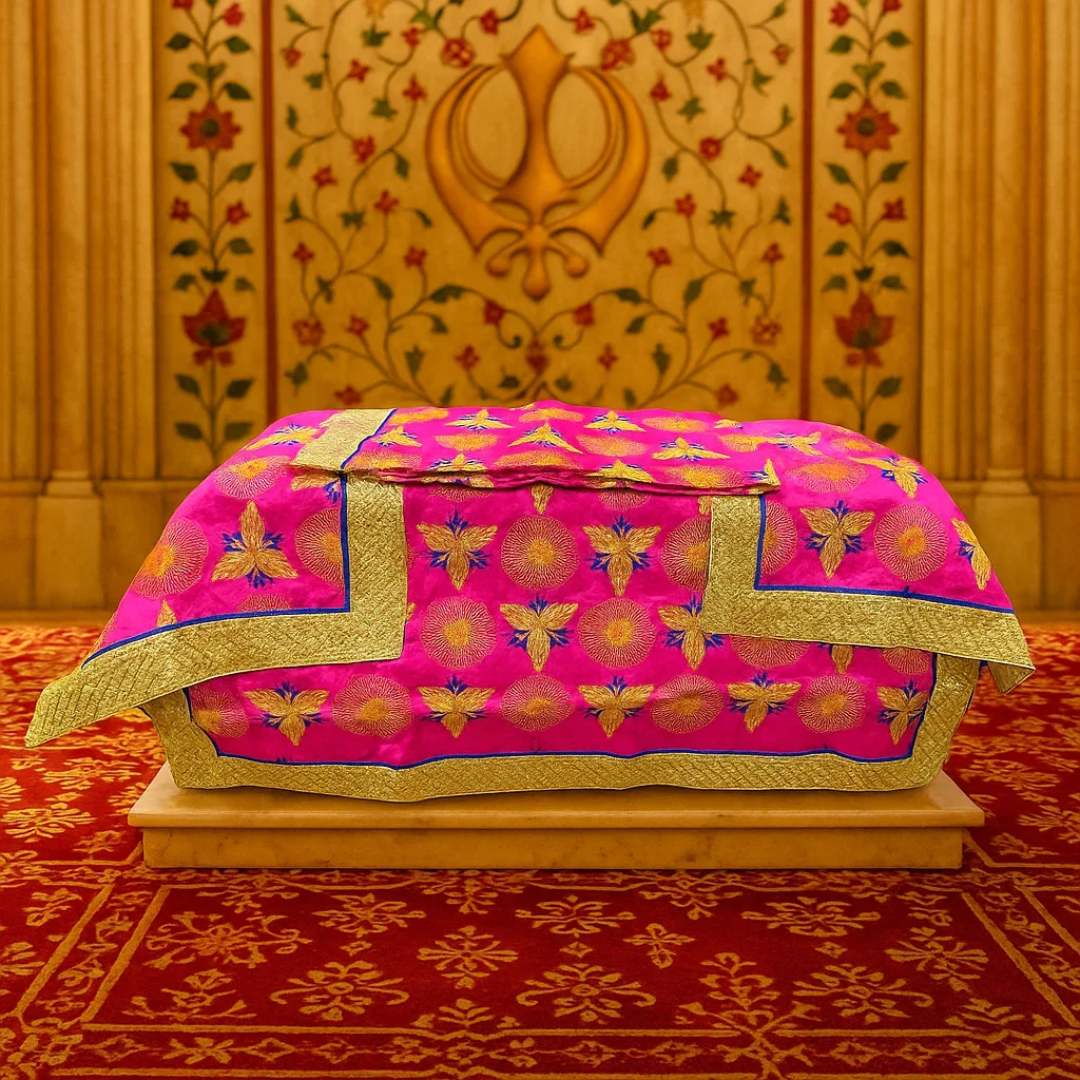 Golden Zari Border Rumala Sahib with Silk Fabric