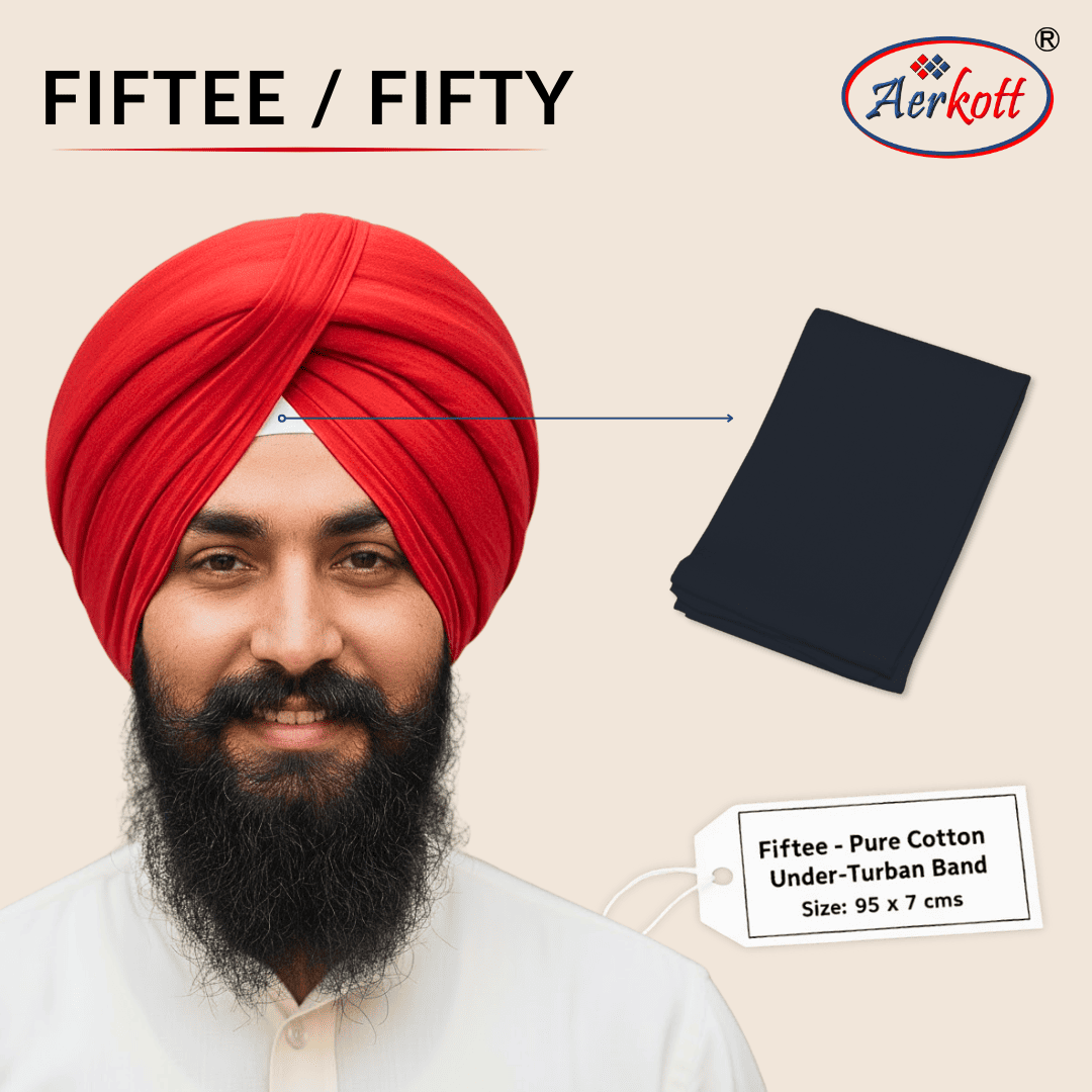Man wearing a red turban with a black under-turban band displayed, featuring Aerkott brand.
