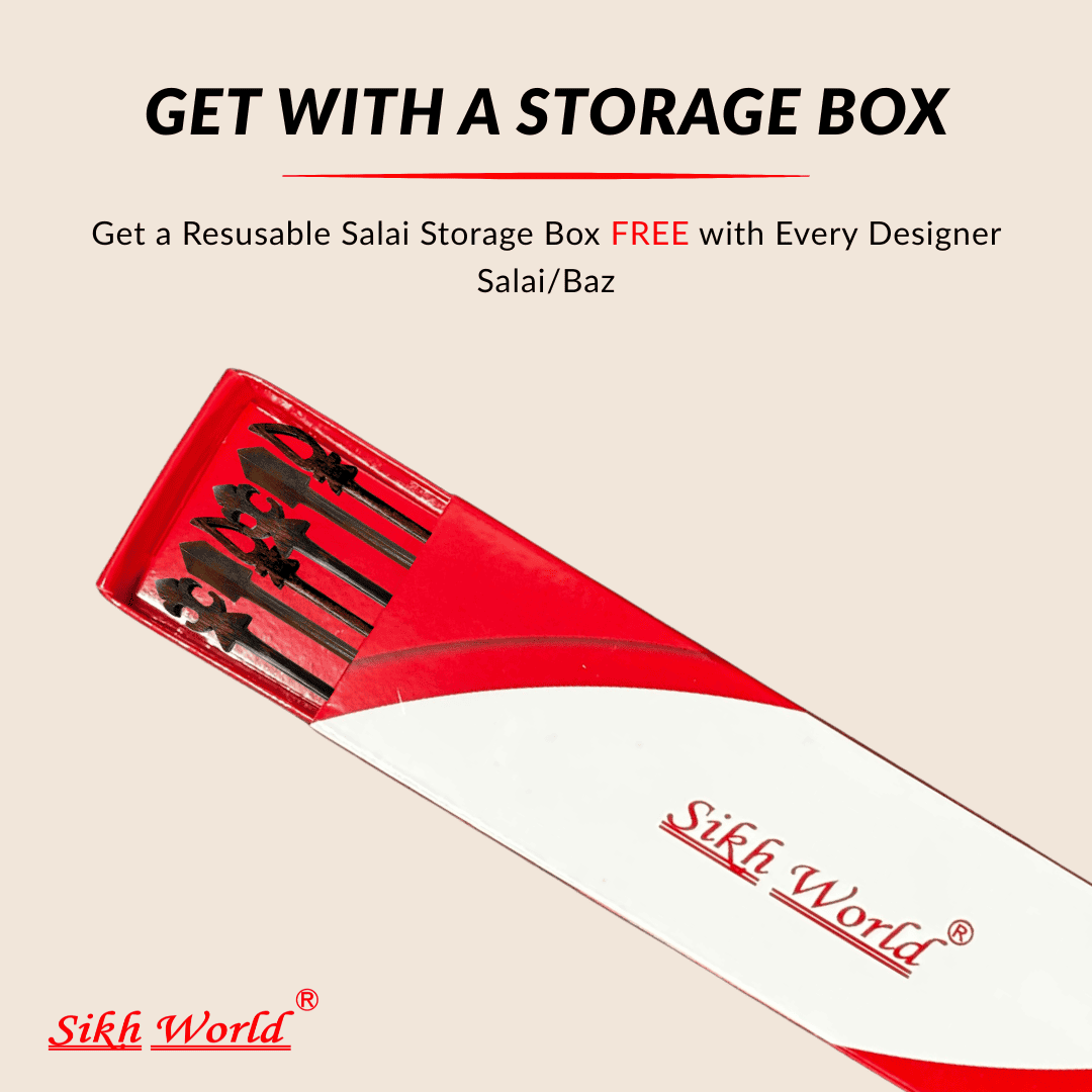 Red and white storage box with 'Sikh World' branding on a beige background