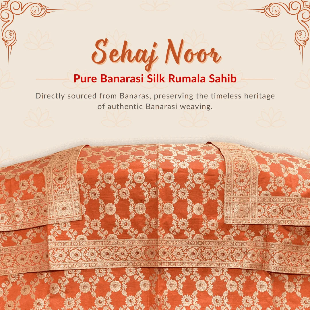 Sehaj Noor Pure Banarasi Silk Rumala Sahib Double Set for Guru Granth Sahib Ji. Handwoven Banarasi Silk Rumala. Gold Zari Rumala Sahib. Premium Quality Rumala Sahib for Guru Granth Sahib Ji.