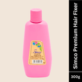 Pink bottle of Simco Premium Hair Fixer on a beige background