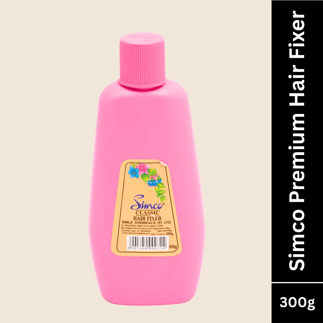 Pink bottle of Simco Premium Hair Fixer on a beige background